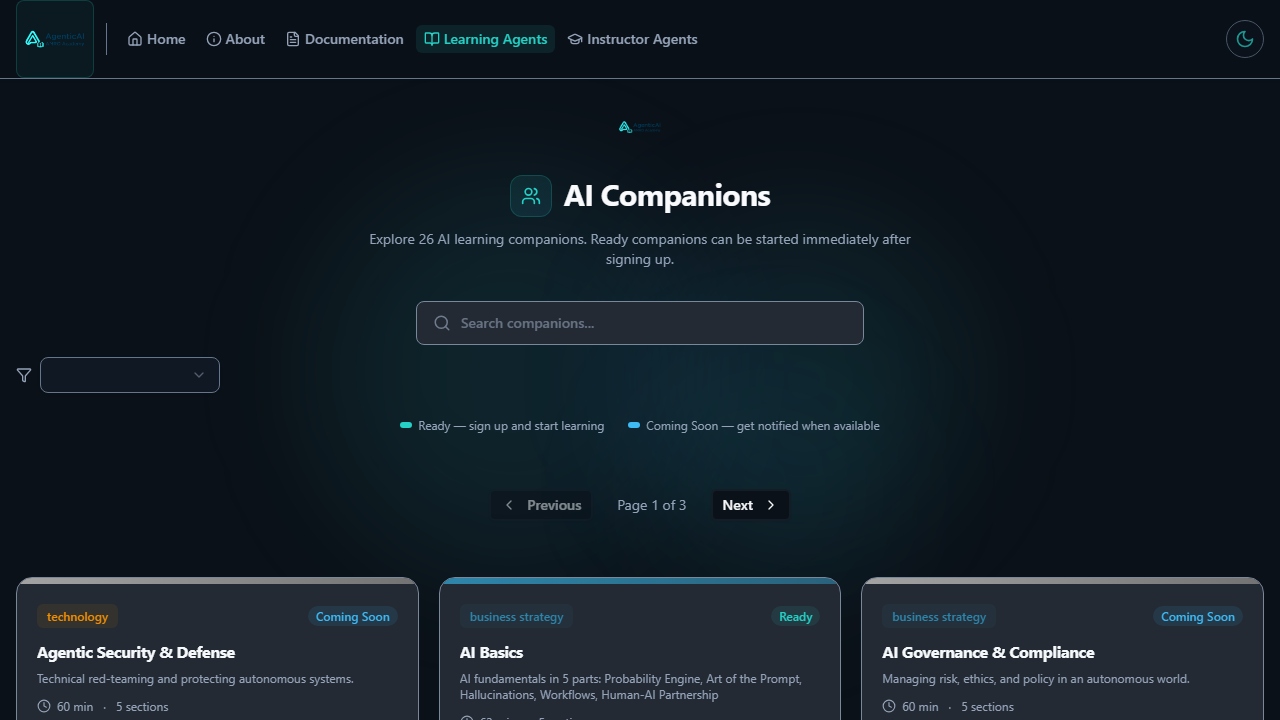 Learning agents catalog with voice-first companion cards